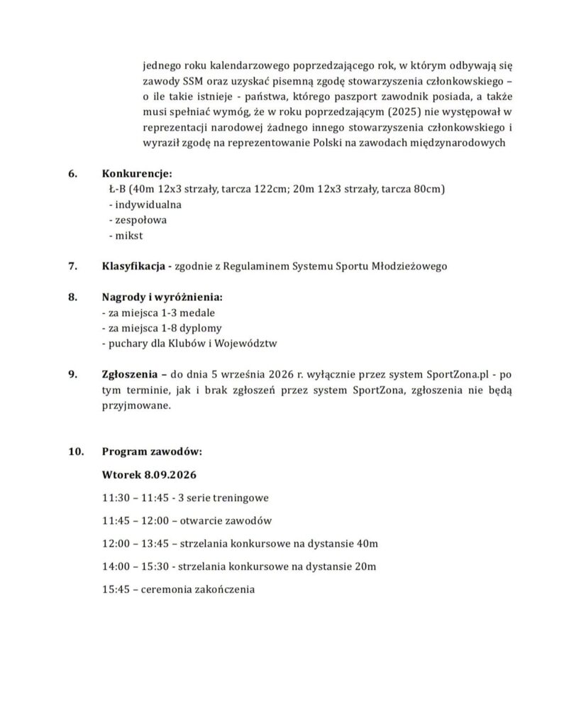 Druga strona komunikatu organizacyjnego Międzywojewódzkich Mistrzostw Młodzików