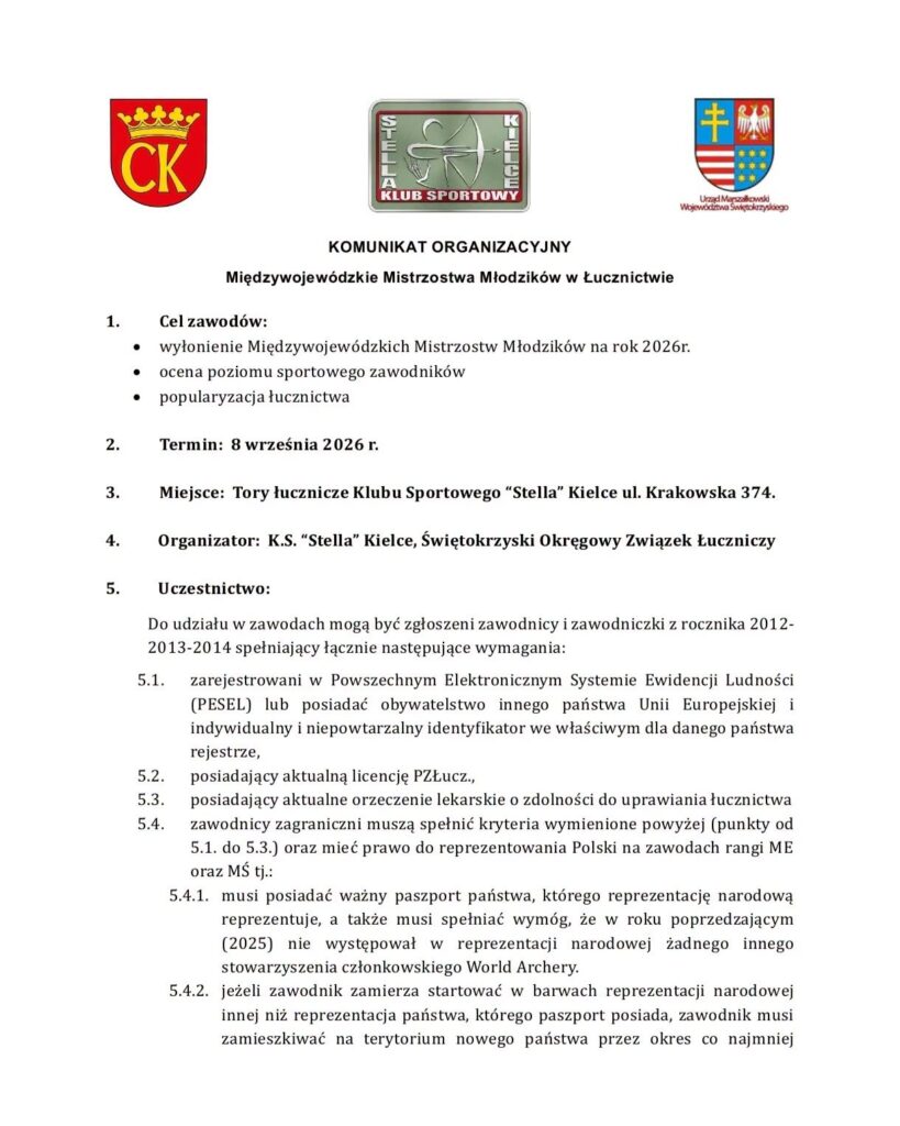 Pierwsza strona komunikatu organizacyjnego Międzywojewódzkich Mistrzostw Młodzików